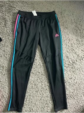 adidas Black Track Pants with Pink & Teal Side Stripes